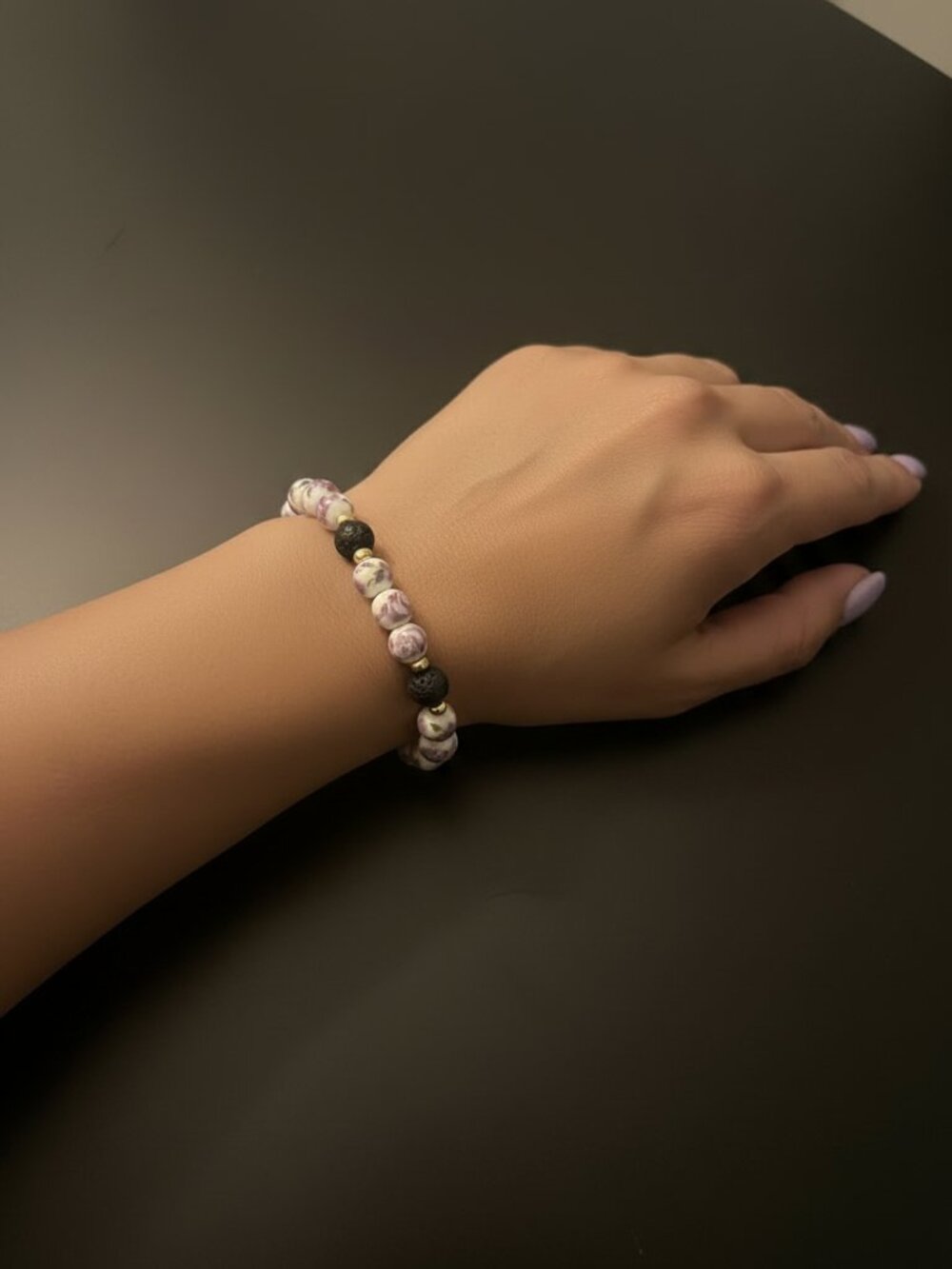 Designs by Forte Lavender Floral & Lava Stone Stretch Bracelet